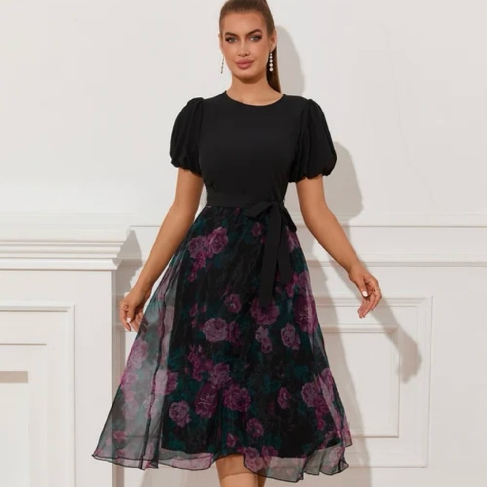 Floral Print Scoop Elegant A-line Organza Midi
